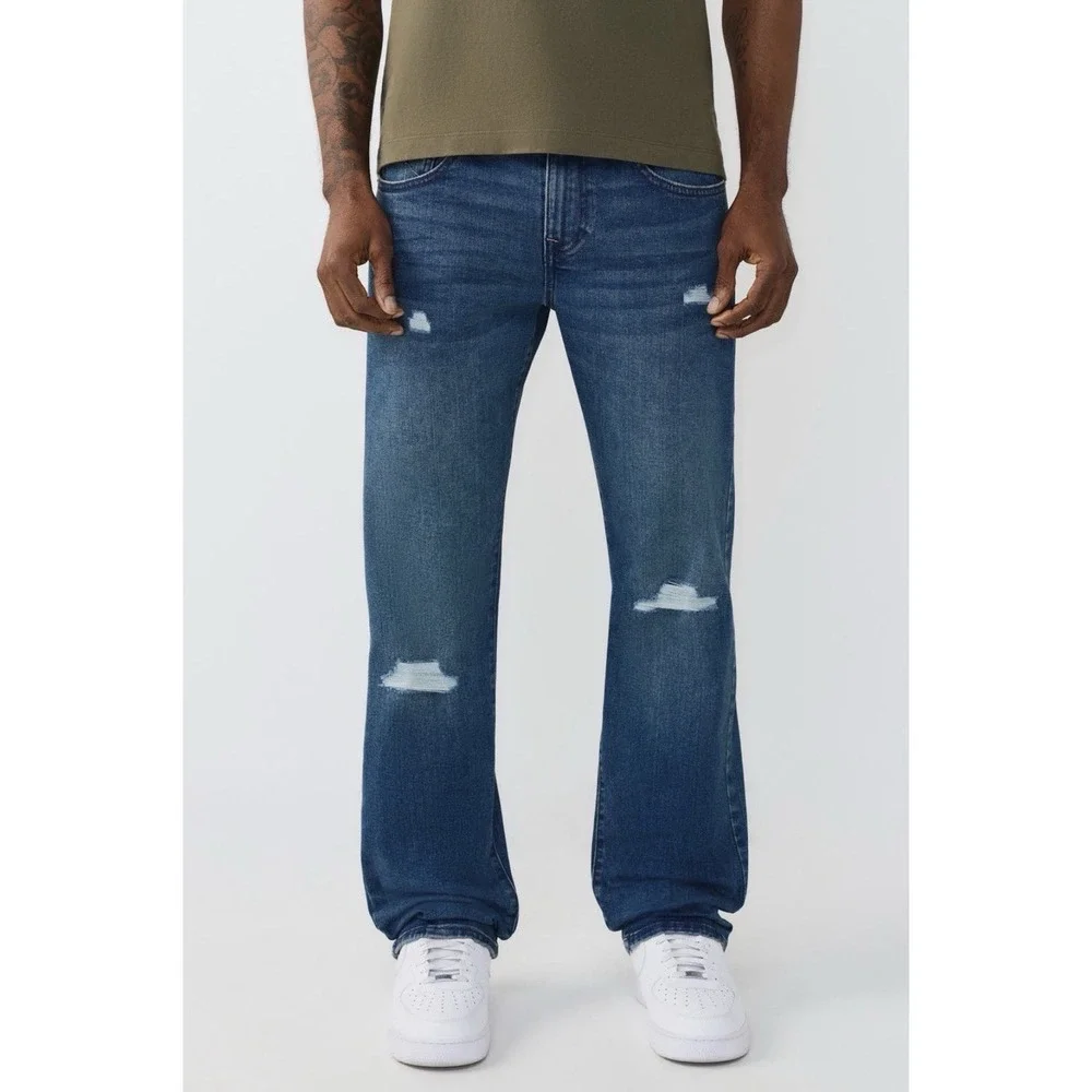 TRUE RELIGION Ricky Rip Repair  Straight Leg Med Blue Comet - 34